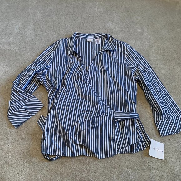 NWT Covington Muted Black and White Striped 3/4 Sleeve Wrap Blouse Size XL - Picture 2 of 14